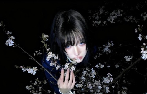 蓝色眼睛少女夜晚花树暗黑背景壁纸