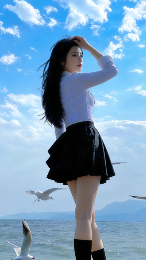 蓝天白云 海边好看美女长发黑色裙子4k手机壁纸竖屏原图