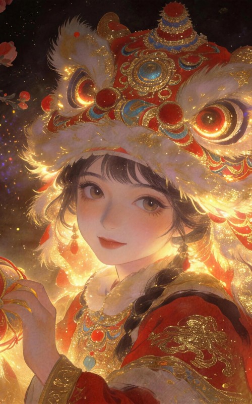 鎏金狮影映娇颜 春节 动漫女孩 喜庆 4k全屏手机壁纸高清