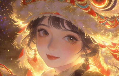 鎏金狮影映娇颜 春节 动漫女孩 喜庆 4k全屏手机壁纸高清