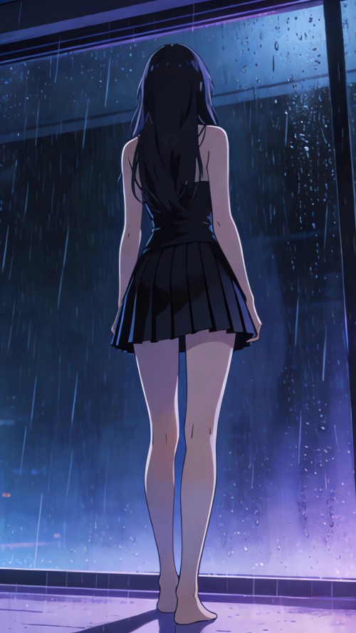 赛博朋克 房间 雨天 长发美女背影 望向窗外 4K手机壁纸竖屏