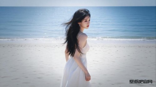 白裙优雅美女回眸海滩美女4K壁纸
