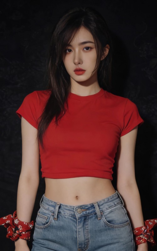 美女红色衣服 牛仔裤 好看身材 黑色背景4k手机壁纸竖屏