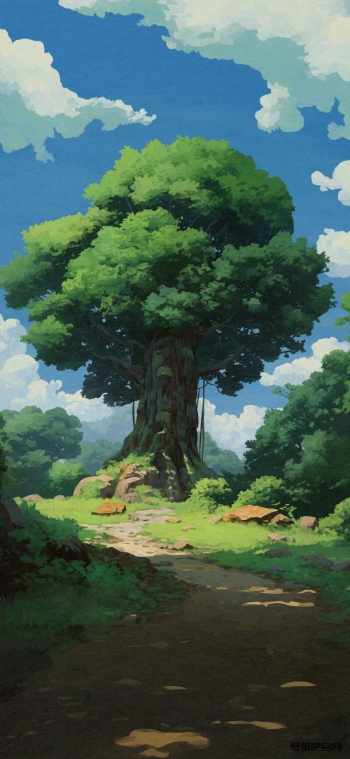 山顶 小路 一棵绿色大树风景3K手机壁纸