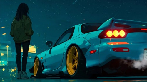 夜晚星空 少女与跑车 赛博朋克风 4K壁纸3840x2160