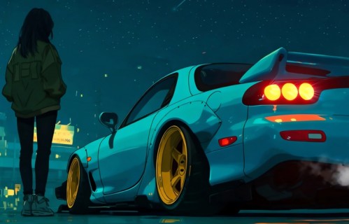 夜晚星空 少女与跑车 赛博朋克风 4K壁纸3840x2160