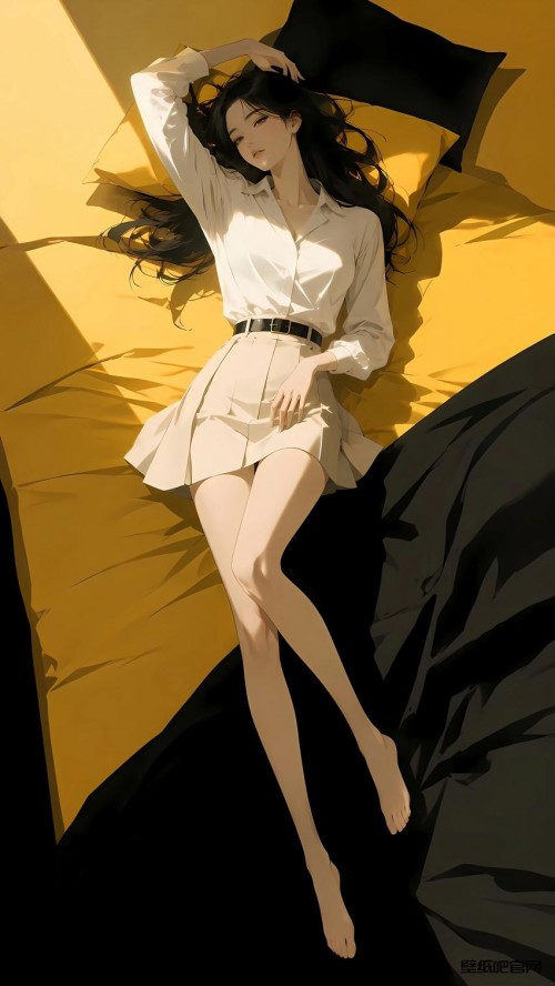 少女慵懒卧床 光影 唯美插画 4k手机壁纸竖屏