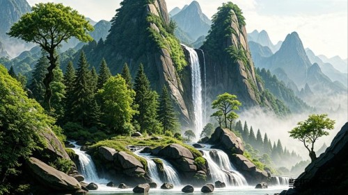 高山流水瀑布风景4k电脑桌面壁纸高清全屏
