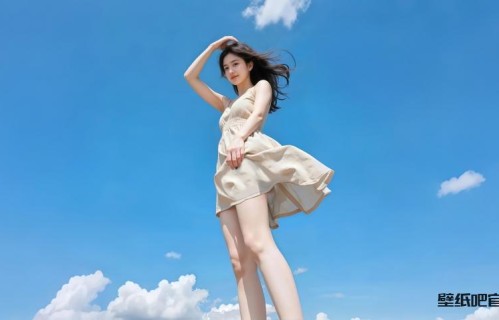 蓝天白云连衣裙美女壁纸 3840x2160