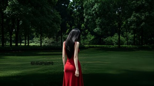 户外 树林 公园 红裙美女背影4K壁纸 3840x2160
