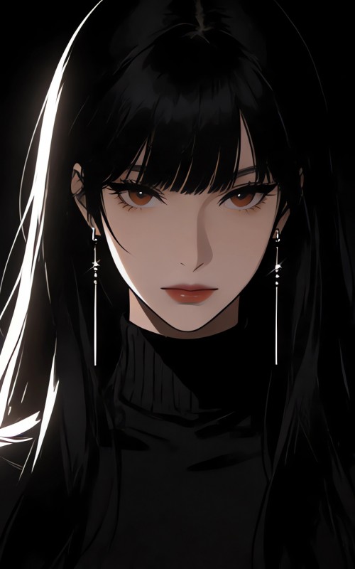 高冷气质 黑色长发动漫美女 黑色背景4k手机壁纸竖屏