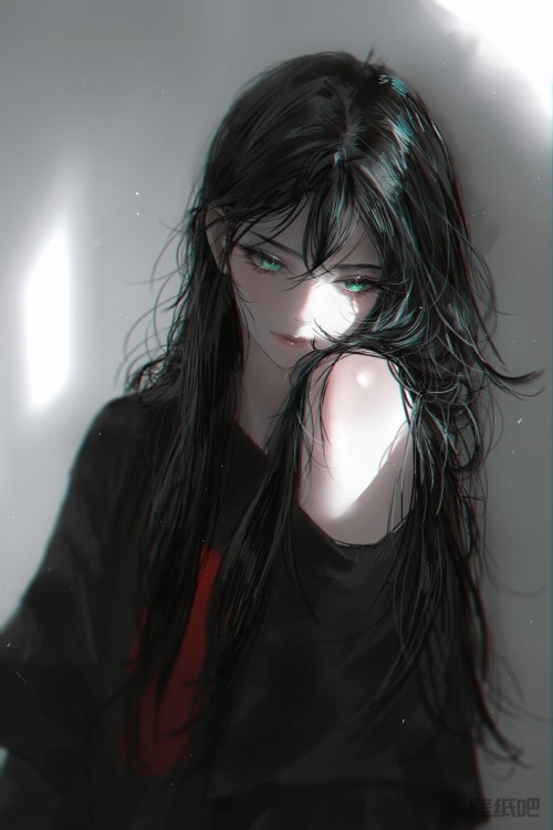 厚涂 长发 黑衣服美女 绿色眼睛 手机壁纸高清4k竖屏