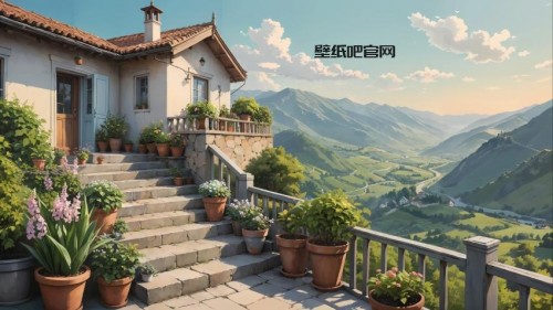 田园小屋 阶梯 花盆 鲜花 山上小房子风景4K壁纸3840x2160
