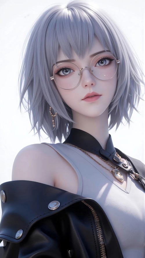 银发短发少女白月魁 眼镜 4k手机壁纸