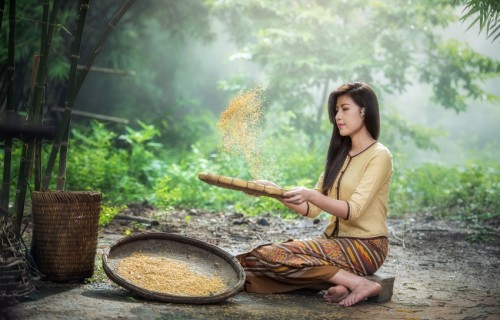 山村,竹子,竹筐,漂亮美女服饰,辛苦工作,图片
