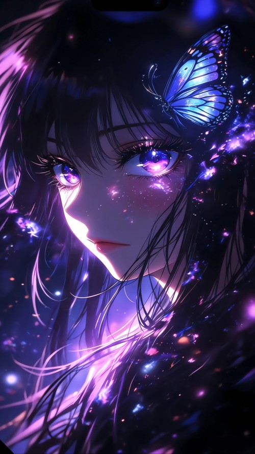 少女长发蝴蝶 蓝紫色眼睛 4K手机壁纸图片