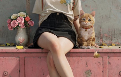 女孩 猫 花朵 静物 4K高清手机壁纸