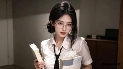 室内美女 戴眼镜 白色衬衫 书本 4K电脑壁纸 3840x2160