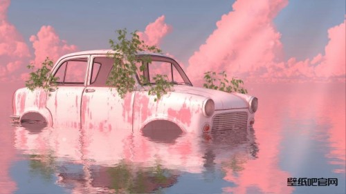 水中一辆粉色旧车4K风景壁纸3840x2160