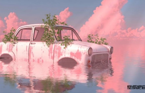 水中一辆粉色旧车4K风景壁纸3840x2160