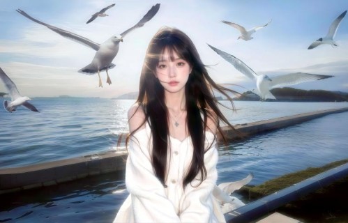 海鸥湖面美女长发壁纸 3840x2160
