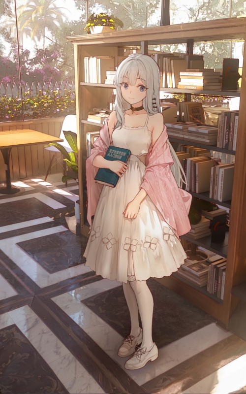 图书馆 可爱女孩 白色裙子 4k手机壁纸竖屏动漫