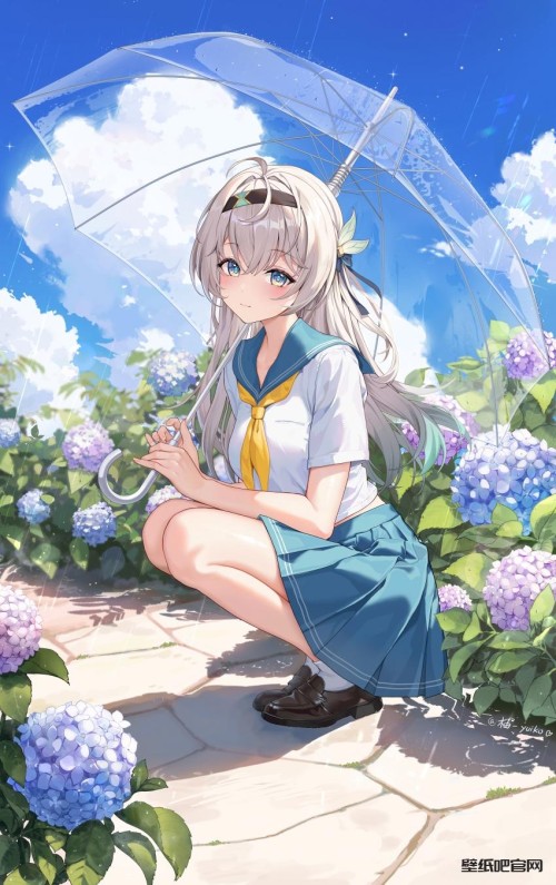 清纯可爱女生微笑 蹲着 伞 鲜花 4K动漫手机壁纸高清全屏