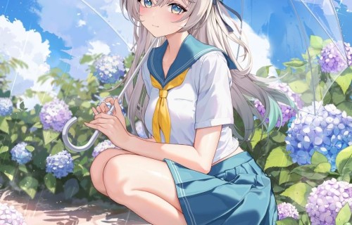 清纯可爱女生微笑 蹲着 伞 鲜花 4K动漫手机壁纸高清全屏