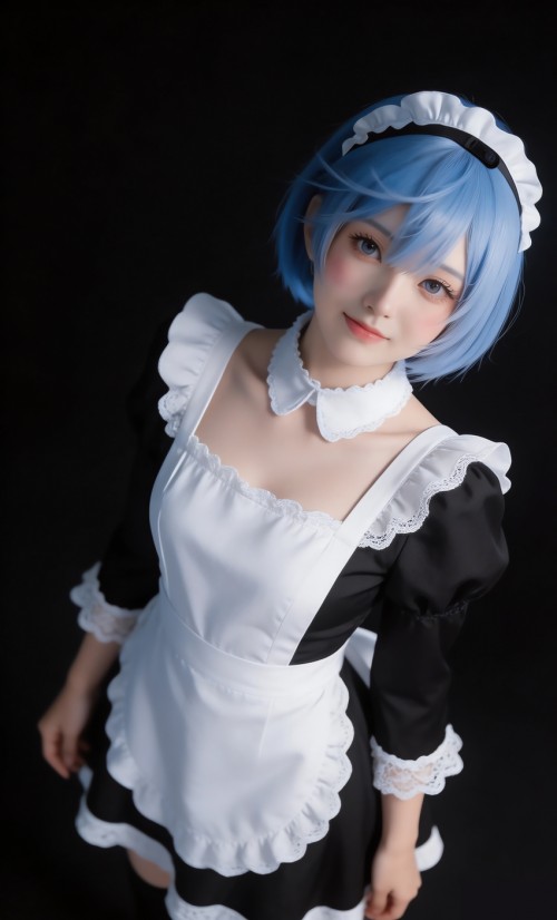 雷姆 蓝色短发 可爱微笑 黑色背景 4k高清全屏手机壁纸图片