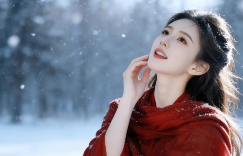 冬季雪景红色衣服美女唯美3440x1440带鱼屏美女壁纸