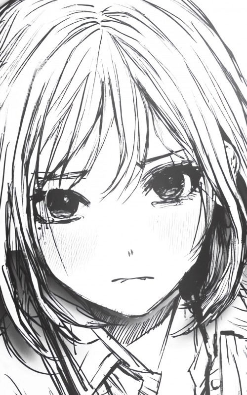 黑白铅笔画女生 短发 简单 素描 4k手机壁纸全屏