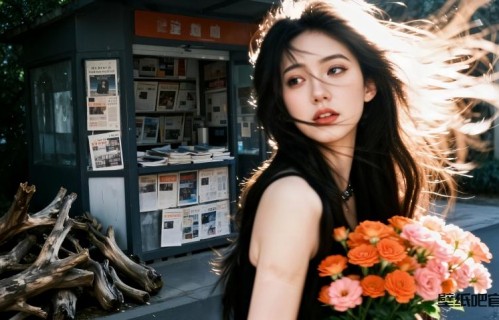长发美女手捧花街头高清壁纸3840x2160