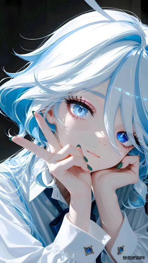 蓝发蓝眼睛少女剪刀手势动漫手机壁纸