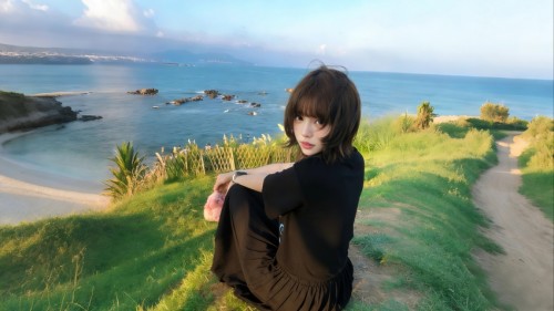 海边 坐在绿草地的美女 回头 黑色裙子 4K壁纸3840x2160