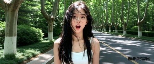 南京中山陵绿荫道路清纯美女惊讶表情 3440x1440带鱼屏壁纸