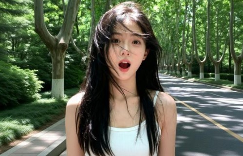 南京中山陵绿荫道路清纯美女惊讶表情 3440x1440带鱼屏壁纸