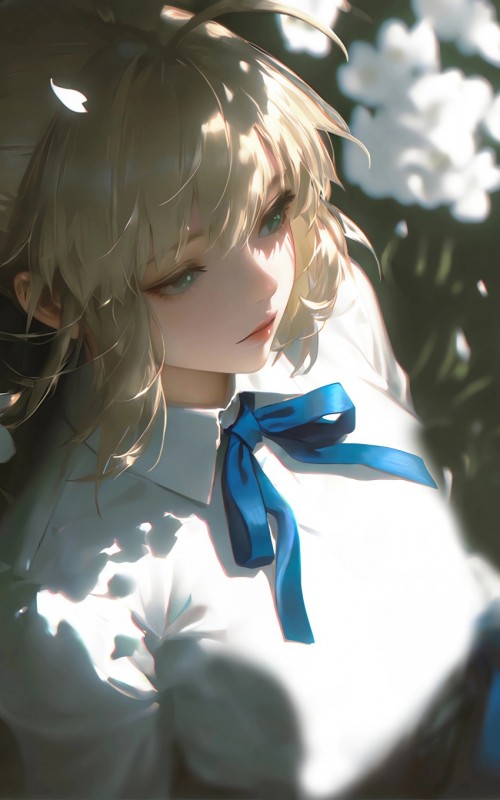 saber蓝蝴蝶结白衬衫 花海 4k手机壁纸竖屏动漫