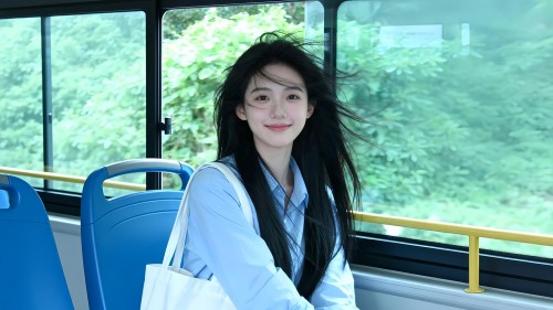 公交车 清新可爱美女桌面壁纸