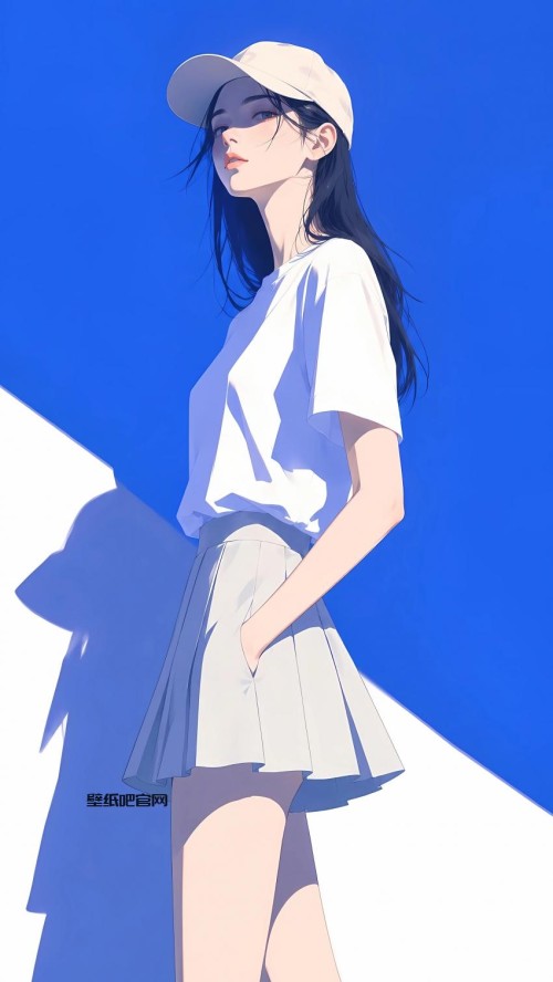 清新少女 白帽白t恤百褶裙4k手机壁纸竖屏