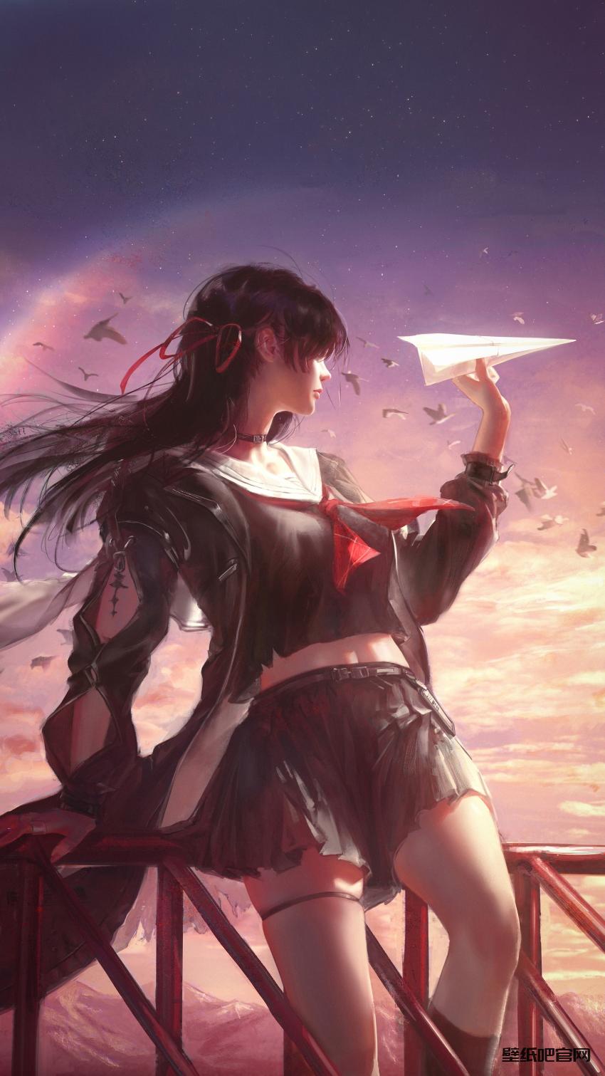 1、动漫少女 纸飞机 唯美黄昏 厚涂风 4k超清手机壁纸 - 壁纸吧_4K 高清壁纸免费下载